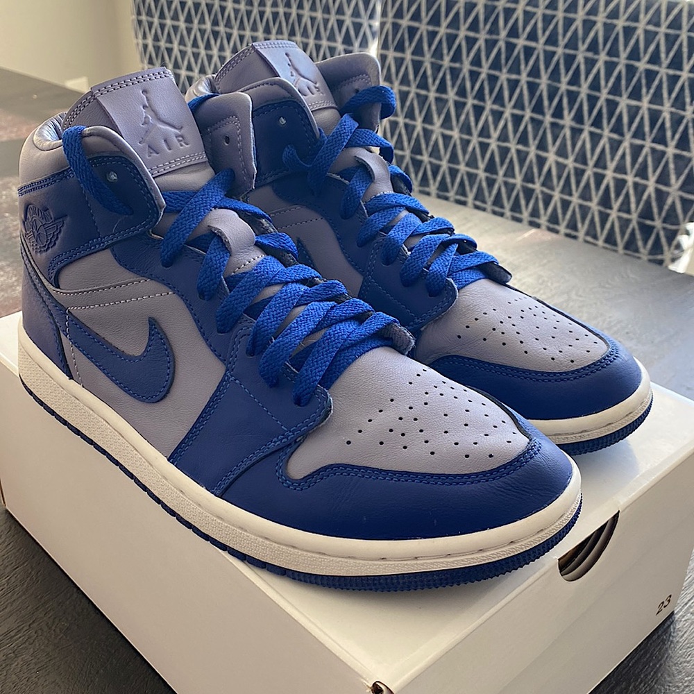 Size 10 WOMENS size 8.5 MENS Air Jordan 1 Mid Iron Purple/Deep Royal Blue